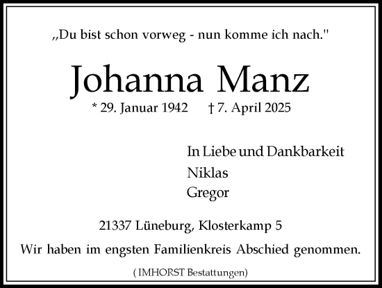 Anzeige von Johanna Manz von LZ