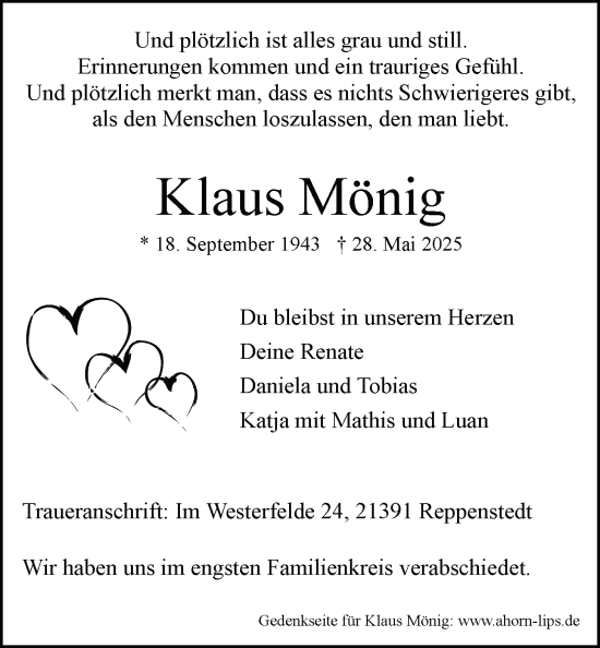 Anzeige von Klaus Mönig von LZ