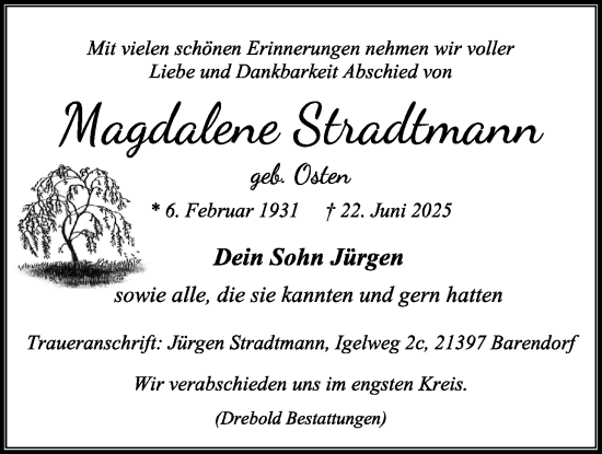 Anzeige von Magdalene Stradtmann von LZ