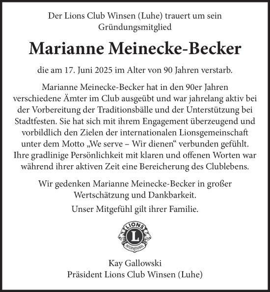 Anzeige von Marianne Meinecke-Becker von LZ