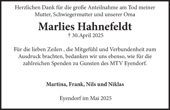 Anzeige von Marlies Hahnefeldt von LZ