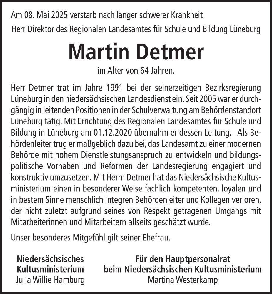  Traueranzeige für Martin Detmer vom 31.05.2025 aus LZ