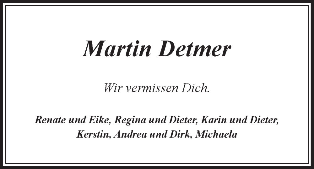  Traueranzeige für Martin Detmer vom 31.05.2025 aus LZ