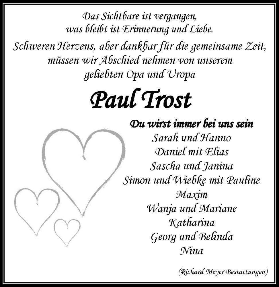  Traueranzeige für Paul Trost vom 31.05.2025 aus LZ