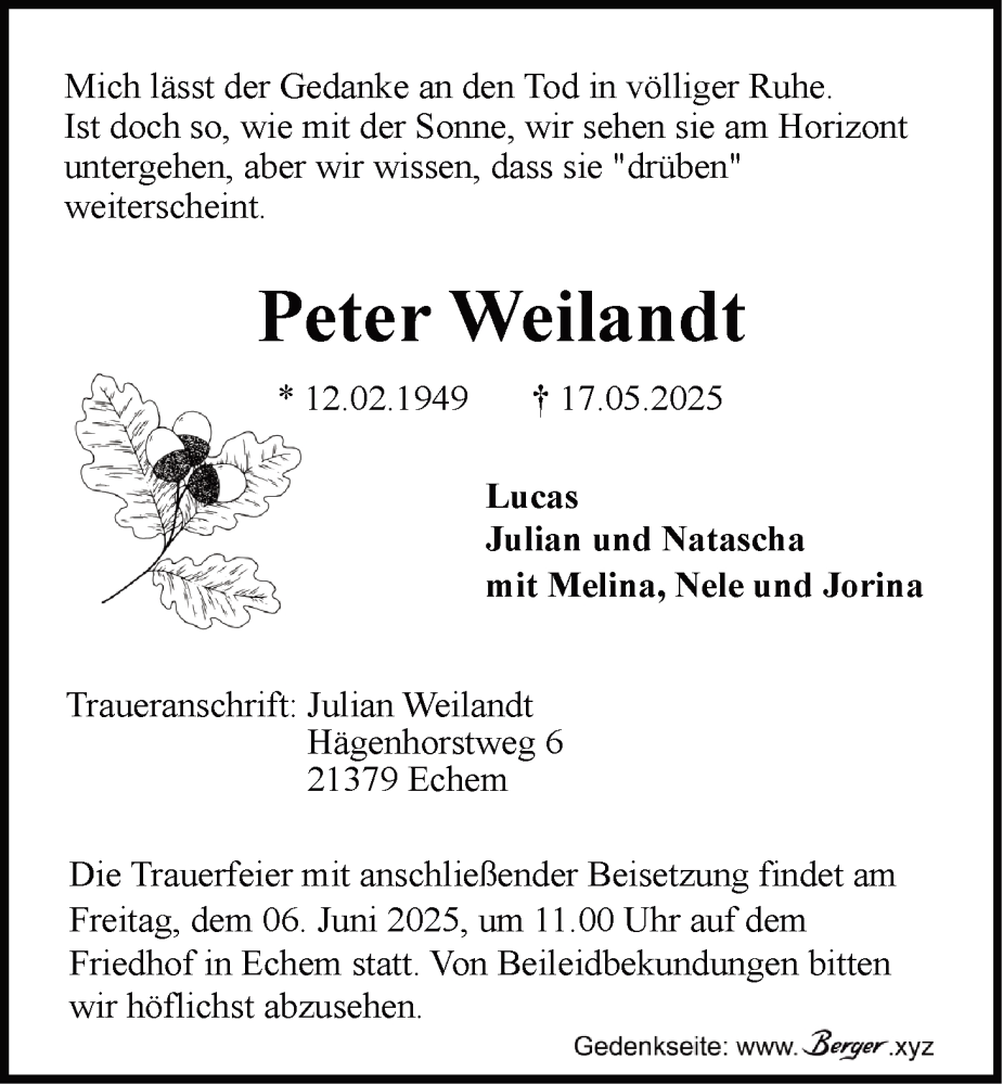  Traueranzeige für Peter Weilandt vom 31.05.2025 aus LZ