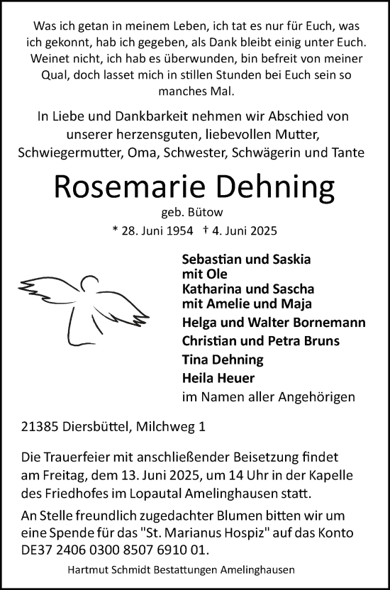 Anzeige von Rosemarie Dehning von LZ
