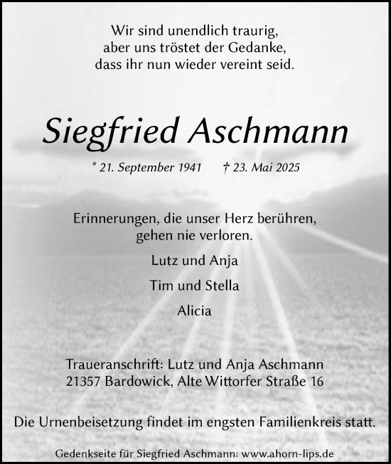 Anzeige von Siegfried Aschmann von LZ