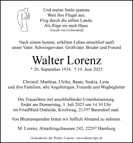 Anzeige von Walter Lorenz von LZ