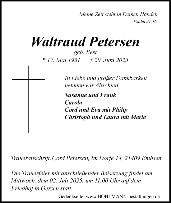 Anzeige von Waltraud Petersen von LZ