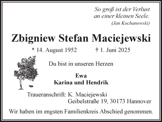 Anzeige von Zbigniew Stefan Maciejewski von LZ