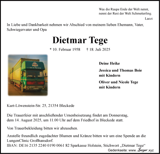 Anzeige von Dietmar Tege von LZ