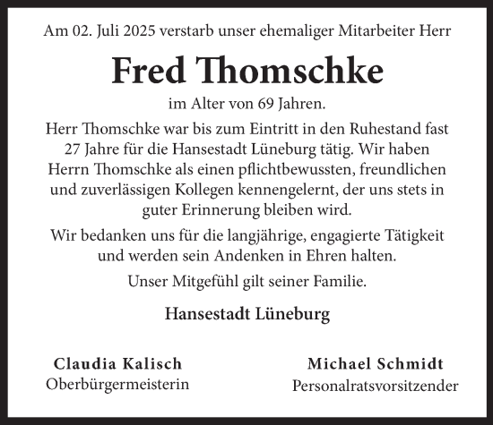 Anzeige von Fred Thomschke von LZ