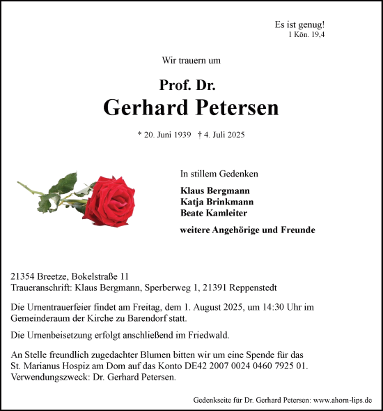 Anzeige von Gerhard Petersen von LZ