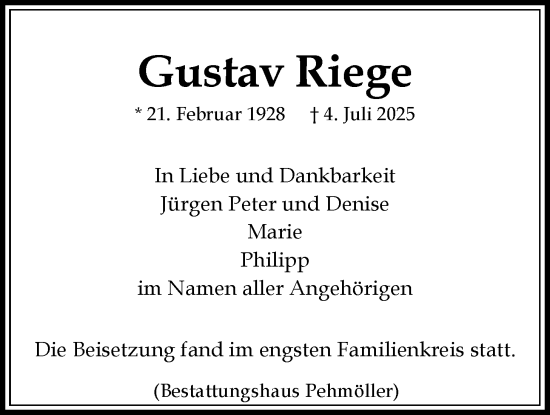 Anzeige von Gustav Riege von LZ