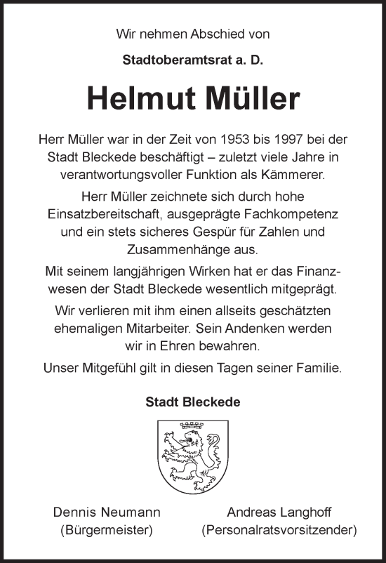 Anzeige von Helmut Müller von LZ