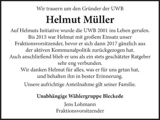 Anzeige von Helmut Müller von LZ