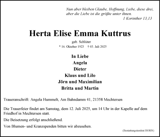 Anzeige von Herta Elise Emma Kuttrus von LZ