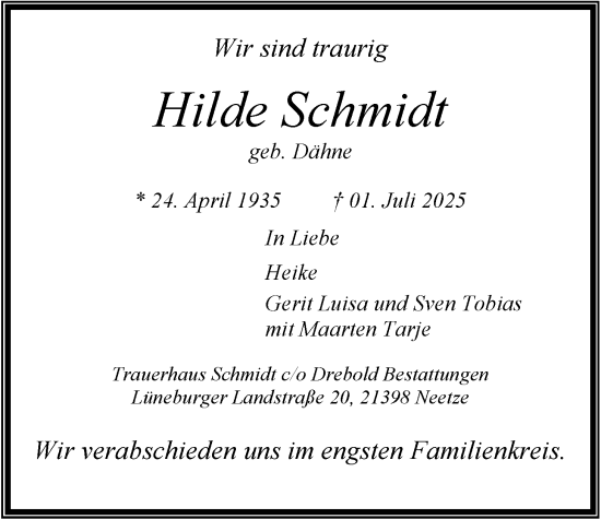 Anzeige von Hilde Schmidt von LZ