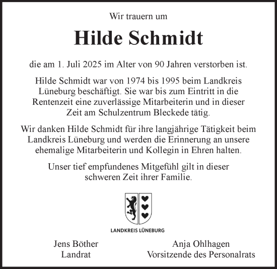 Anzeige von Hilde Schmidt von LZ