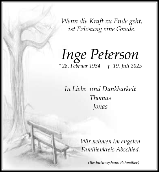 Anzeige von Inge Peterson von LZ