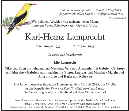 Anzeige von Karl-Heinz Lamprecht von LZ