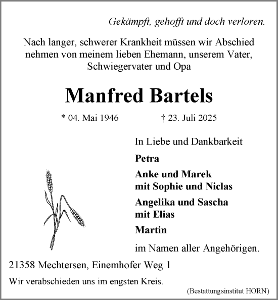 Anzeige von Manfred Bartels von LZ