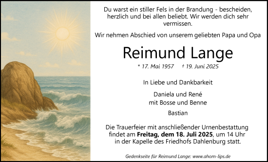 Anzeige von Reimund Lange von LZ