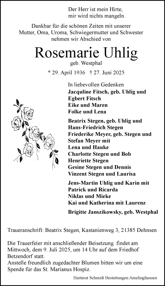 Anzeige von Rosemarie Uhlig von LZ