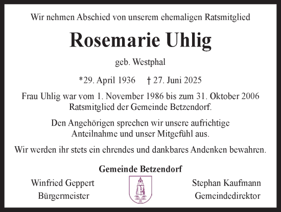 Anzeige von Rosemarie Uhlig von LZ