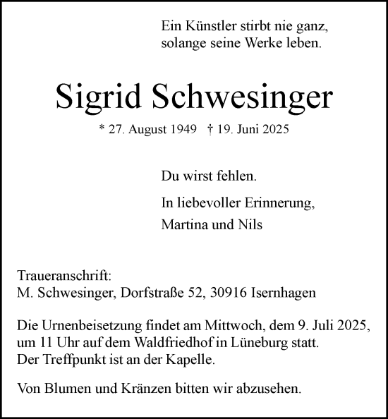 Anzeige von Sigrid Schwesinger von LZ