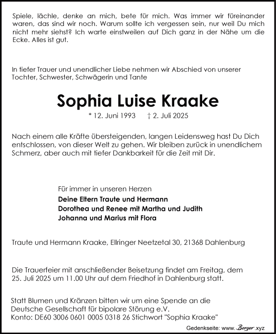 Anzeige von Sophia Luise Kraake von LZ