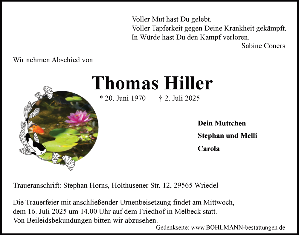  Traueranzeige für Thomas Hiller vom 12.07.2025 aus LZ