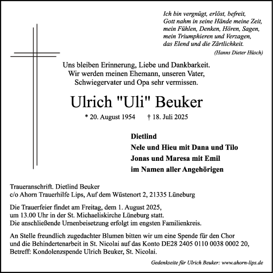 Anzeige von Ulrich Beuker von LZ