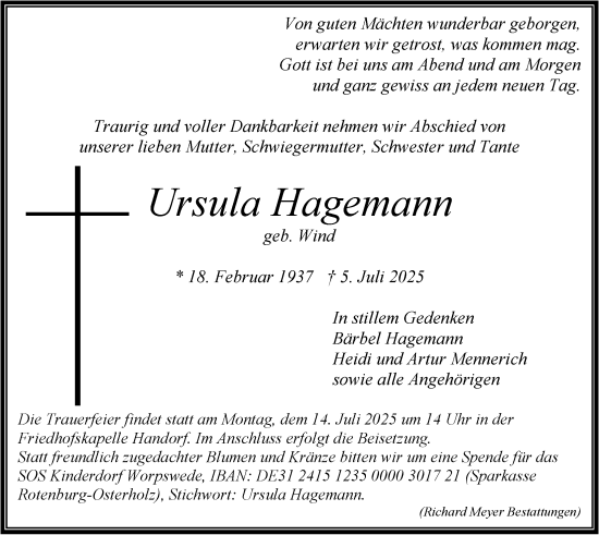 Anzeige von Ursula Hagemann von LZ