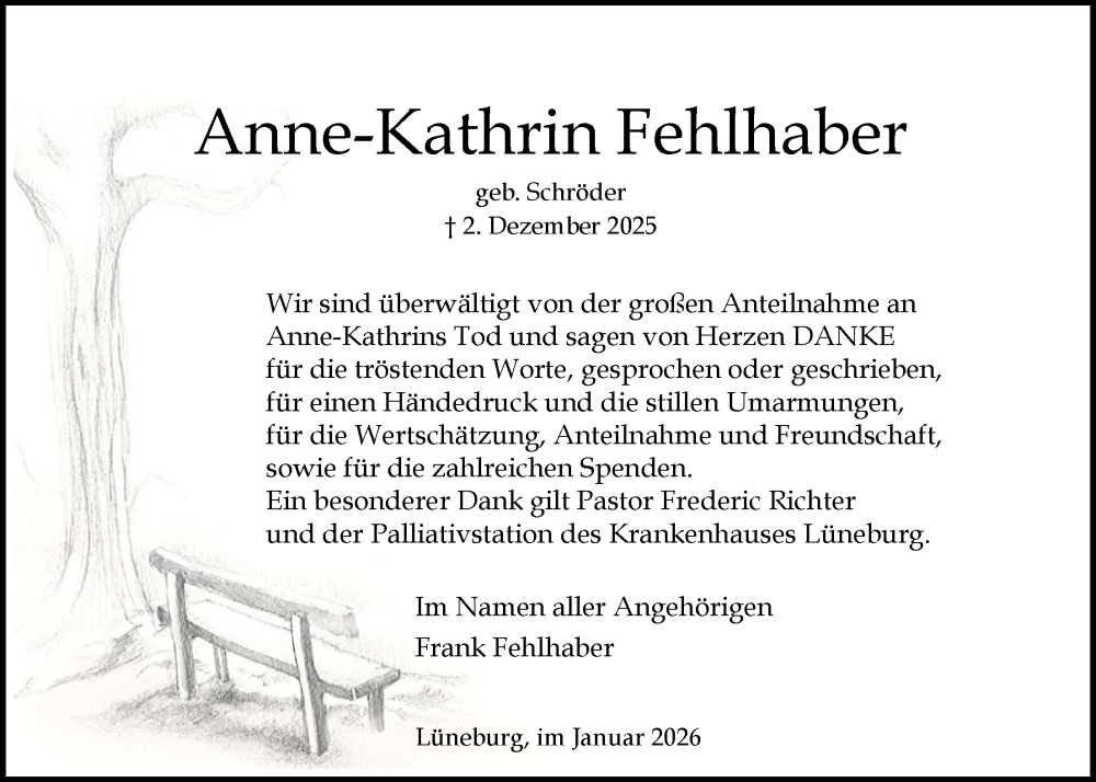  Traueranzeige für Anne-Kathrin Fehlhaber vom 03.01.2026 aus LZ