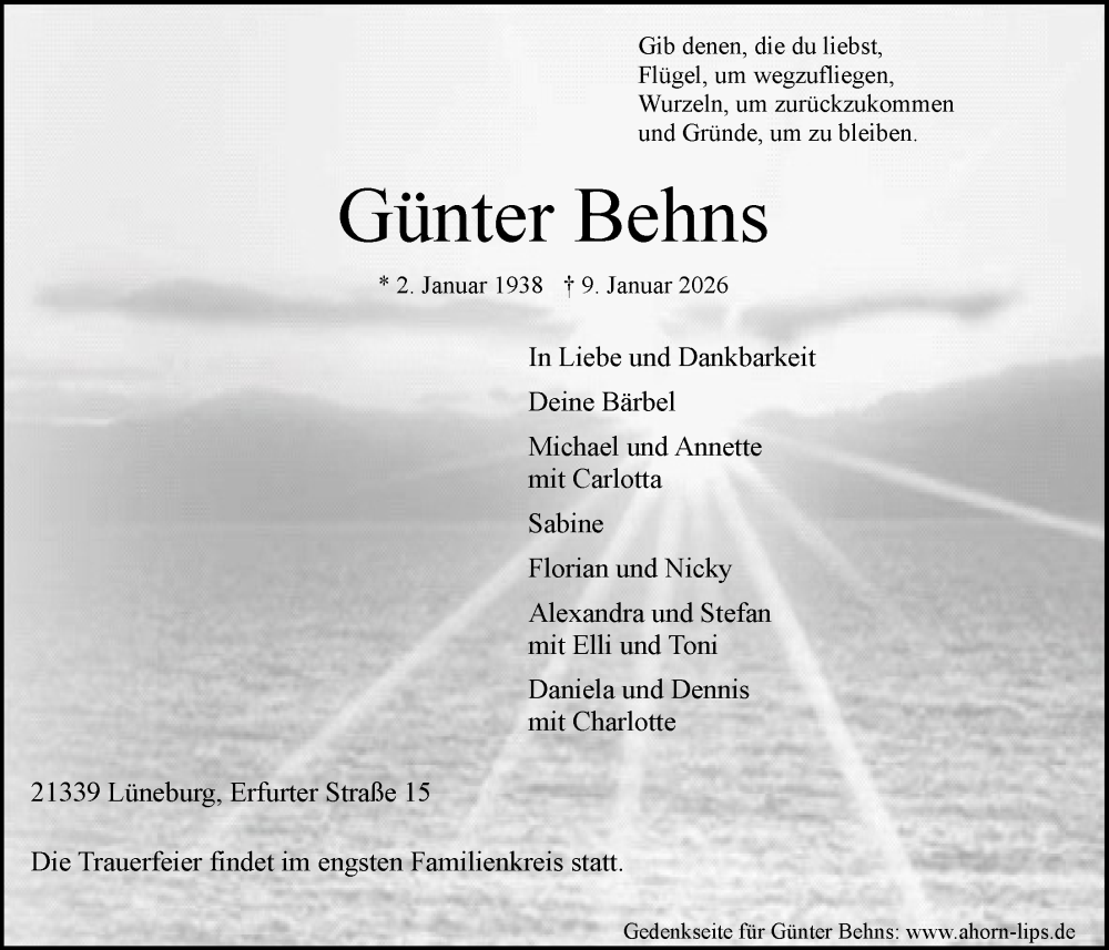  Traueranzeige für Günter Behns vom 17.01.2026 aus LZ