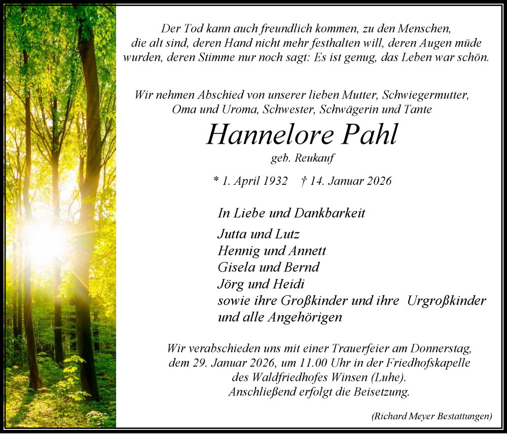  Traueranzeige für Hannelore Pahl vom 17.01.2026 aus LZ