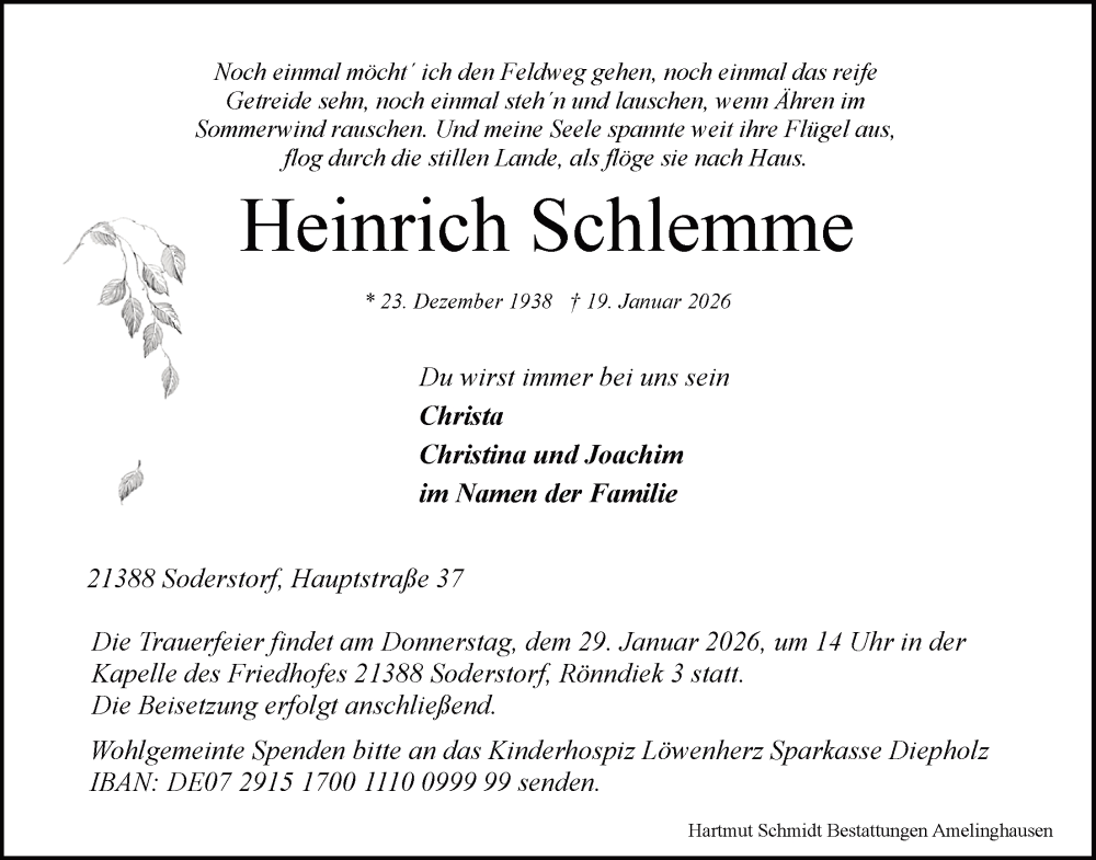  Traueranzeige für Heinrich Schlemme vom 24.01.2026 aus LZ