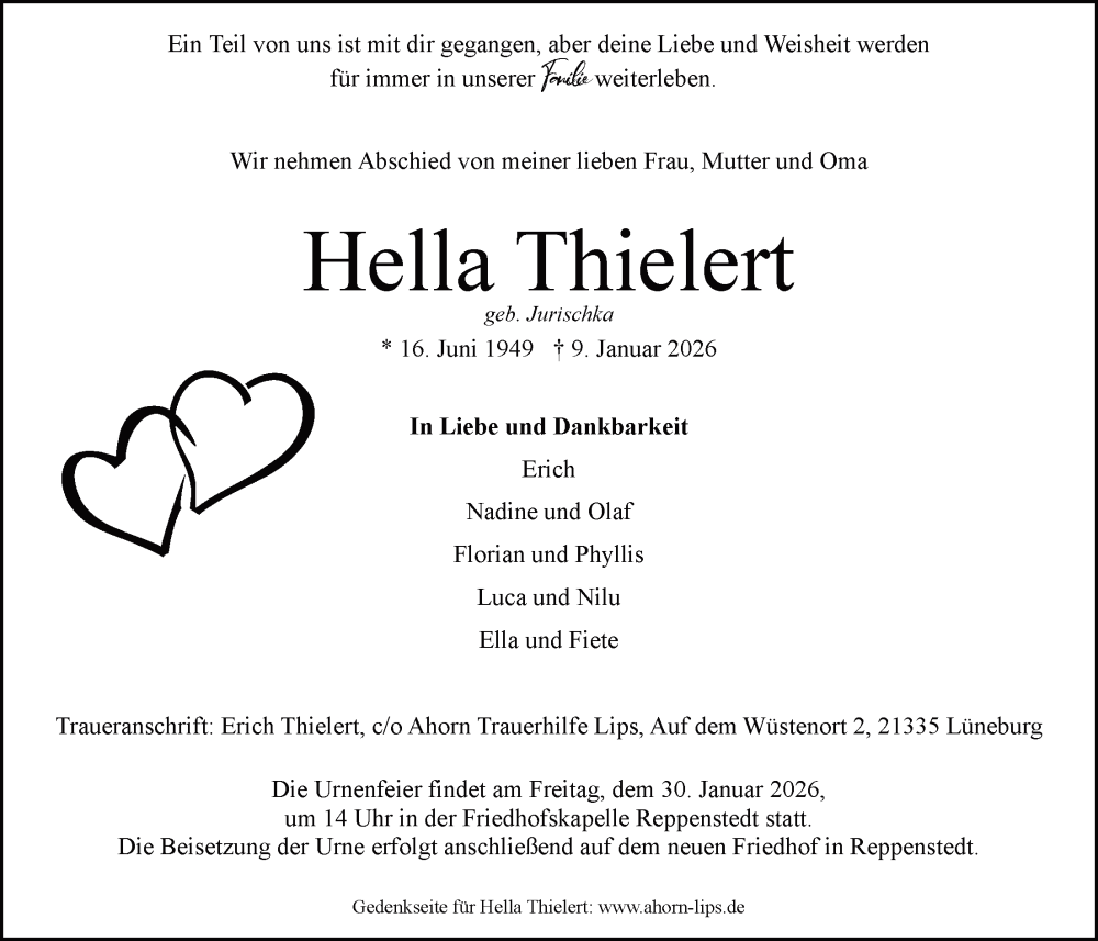  Traueranzeige für Hella Thielert vom 17.01.2026 aus LZ