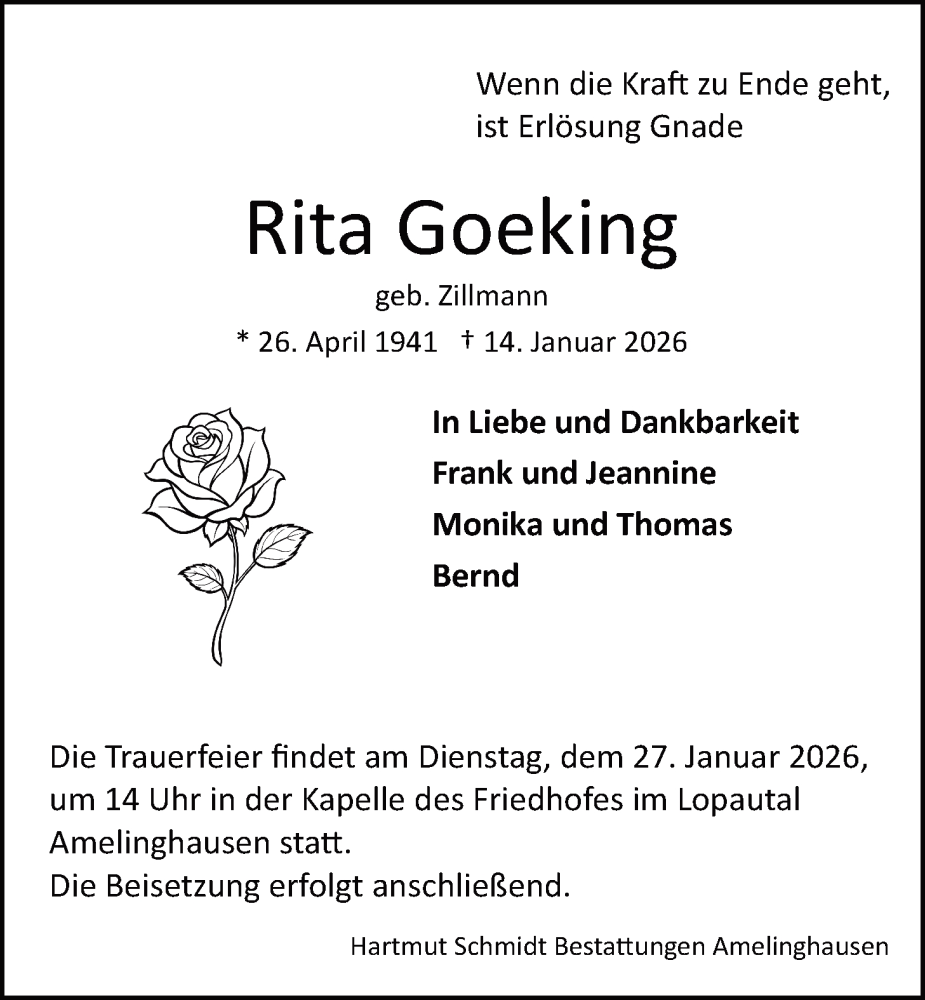  Traueranzeige für Rita Goeking vom 17.01.2026 aus LZ
