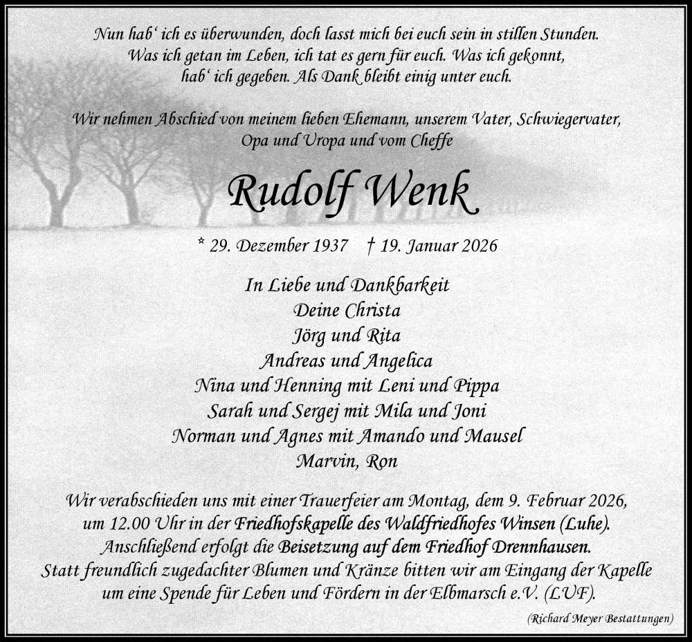  Traueranzeige für Rudolf Wenk vom 24.01.2026 aus LZ