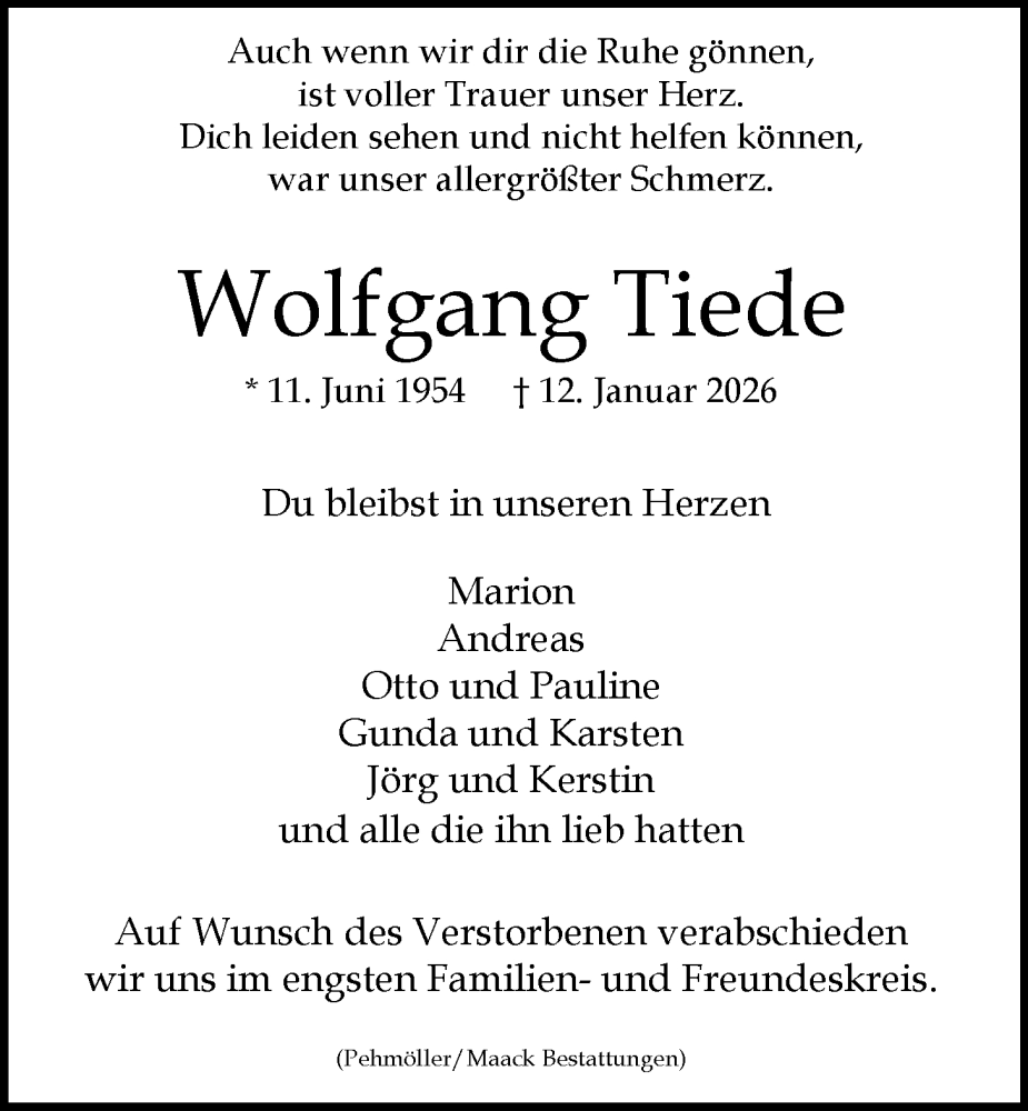  Traueranzeige für Wolfgang Tiede vom 17.01.2026 aus LZ