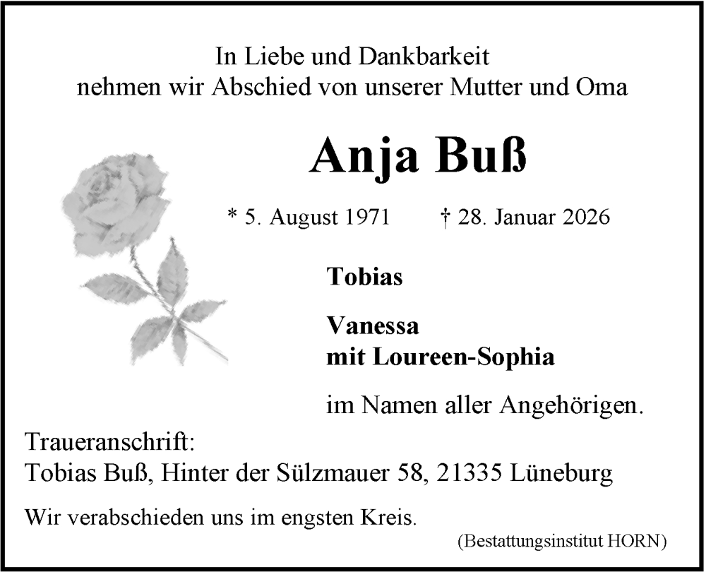  Traueranzeige für Anja Buß vom 31.01.2026 aus LZ
