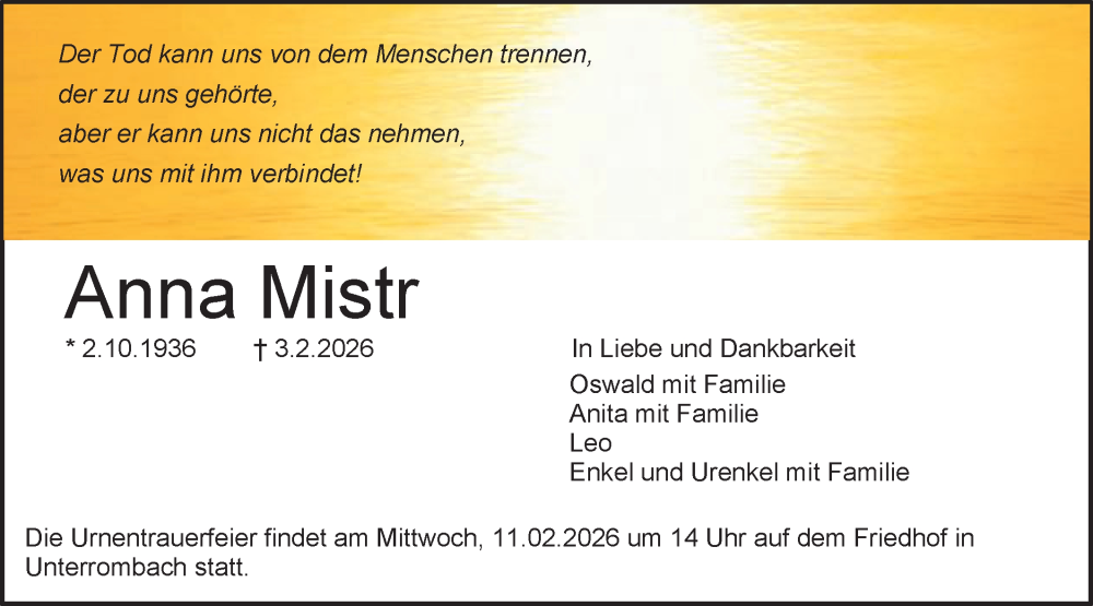  Traueranzeige für Anna Mistr vom 07.02.2026 aus Schwäbische Post