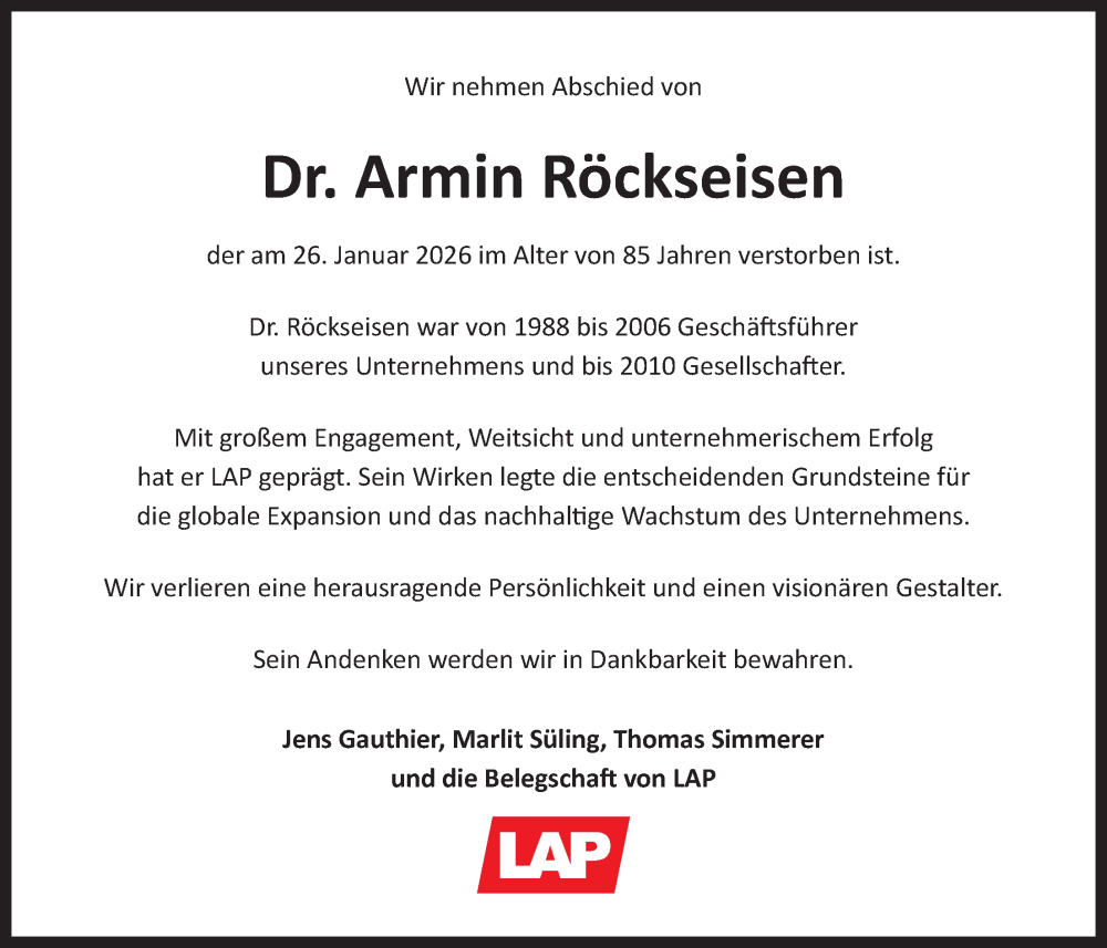  Traueranzeige für Armin Röckseisen vom 31.01.2026 aus LZ