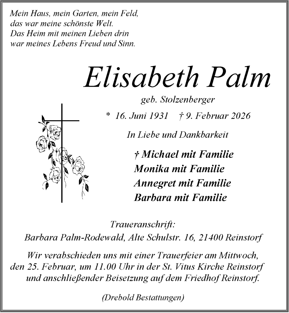  Traueranzeige für Elisabeth Palm vom 14.02.2026 aus LZ