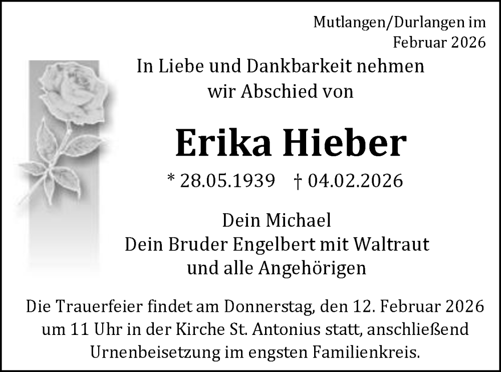  Traueranzeige für Erika Hieber vom 07.02.2026 aus Gmünder Tagespost