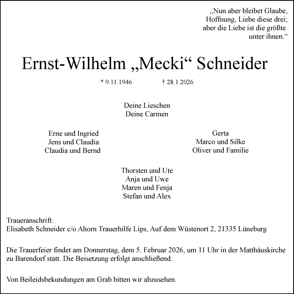  Traueranzeige für Ernst-Wilhelm Schneider vom 31.01.2026 aus LZ