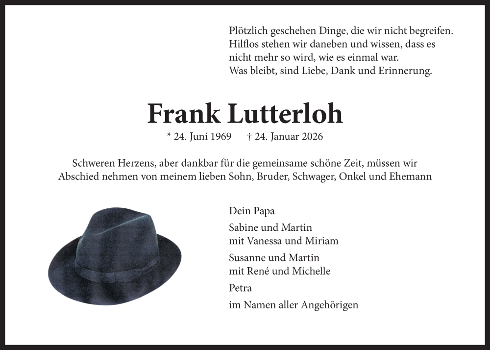  Traueranzeige für Frank Lutterloh vom 31.01.2026 aus LZ