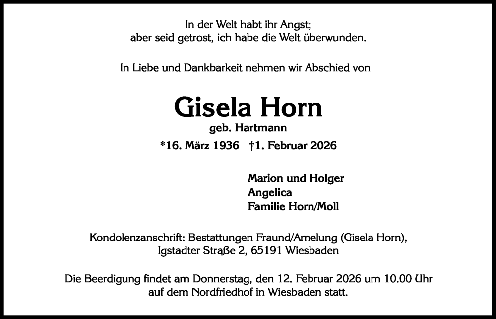  Traueranzeige für Gisela Horn vom 07.02.2026 aus LZ